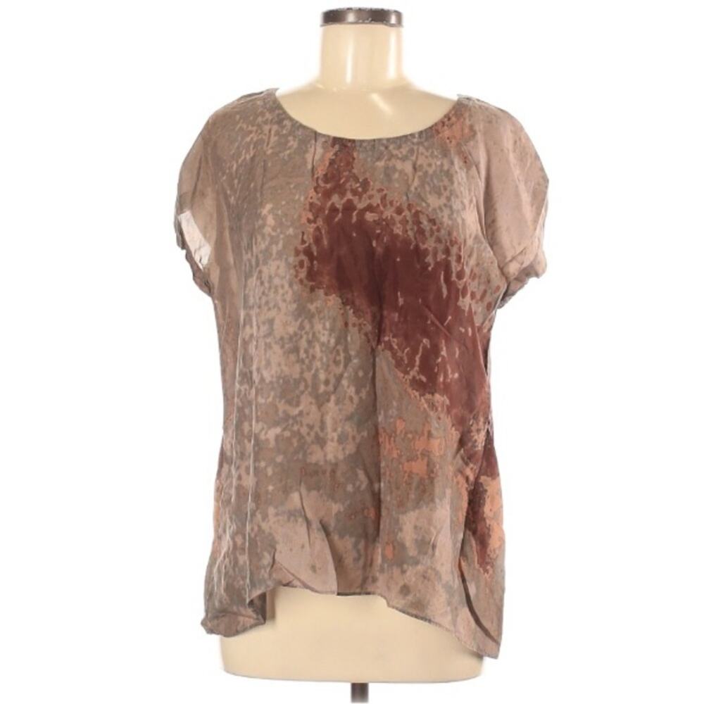 Eileen Fisher Taupe and Rust Sheer Printed Short Sleeve Blouse